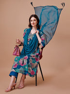 Alia Cut Floral Printed & Embroidered Rayon Kurta With Pant & Dupatta, Multicolor - Hiral Fashion | Grocsy