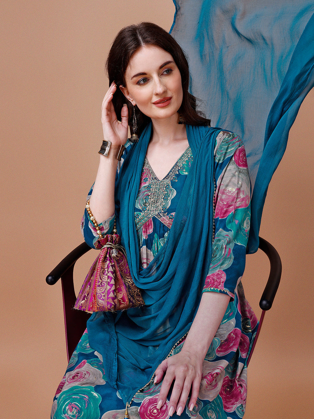 Alia Cut Floral Printed & Embroidered Rayon Kurta With Pant & Dupatta, Multicolor - Hiral Fashion | Grocsy