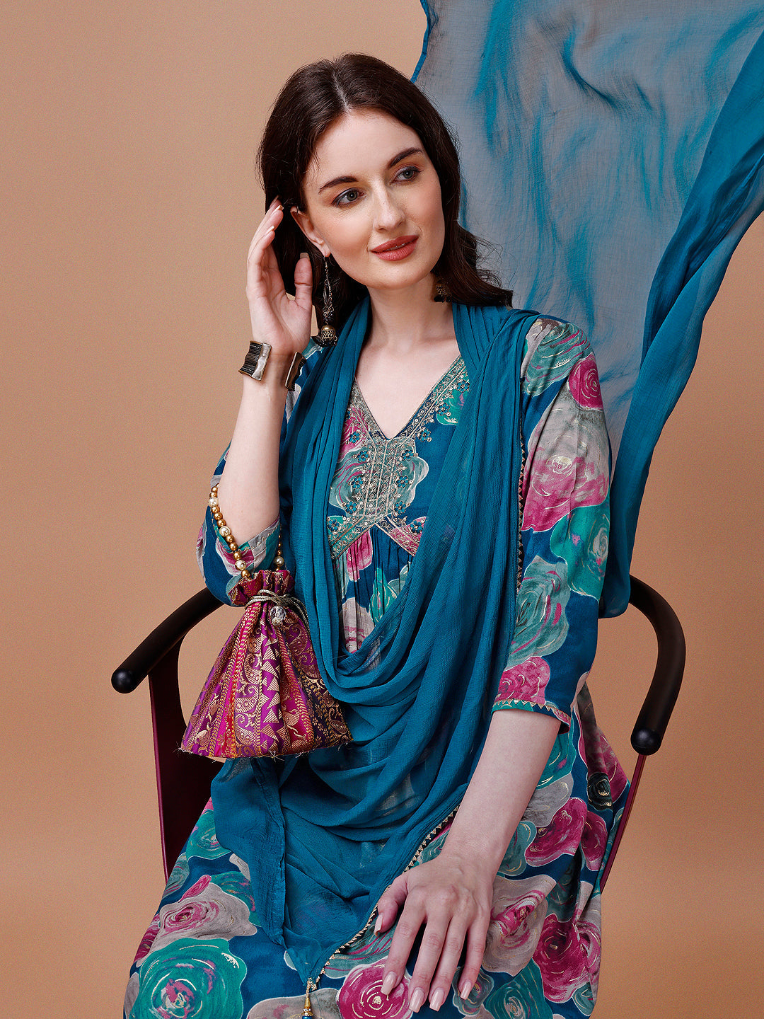 Alia Cut Floral Printed & Embroidered Rayon Kurta With Pant & Dupatta, Multicolor - Hiral Fashion | Grocsy