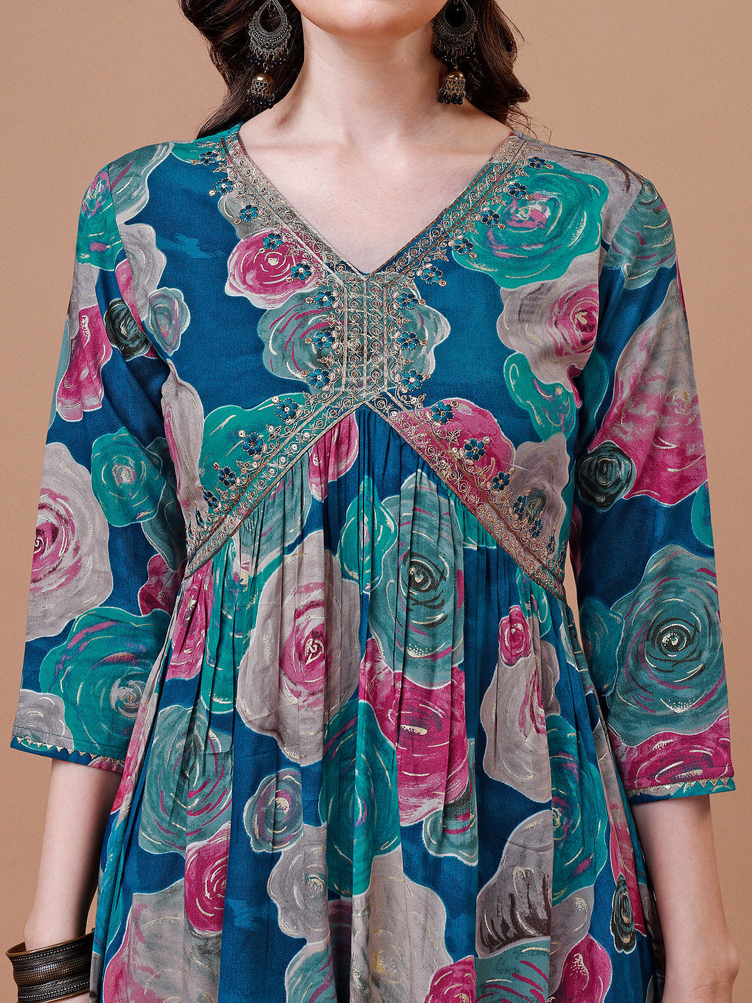 Alia Cut Floral Printed & Embroidered Rayon Kurta With Pant & Dupatta, Multicolor - Hiral Fashion | Grocsy