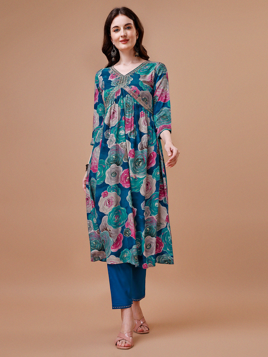 Alia Cut Floral Printed & Embroidered Rayon Kurta With Pant & Dupatta, Multicolor - Hiral Fashion | Grocsy