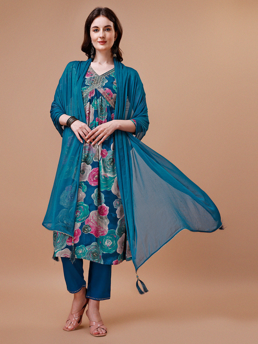 Alia Cut Floral Printed & Embroidered Rayon Kurta With Pant & Dupatta, Multicolor - Hiral Fashion | Grocsy