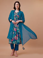Alia Cut Floral Printed & Embroidered Rayon Kurta With Pant & Dupatta, Multicolor - Hiral Fashion | Grocsy
