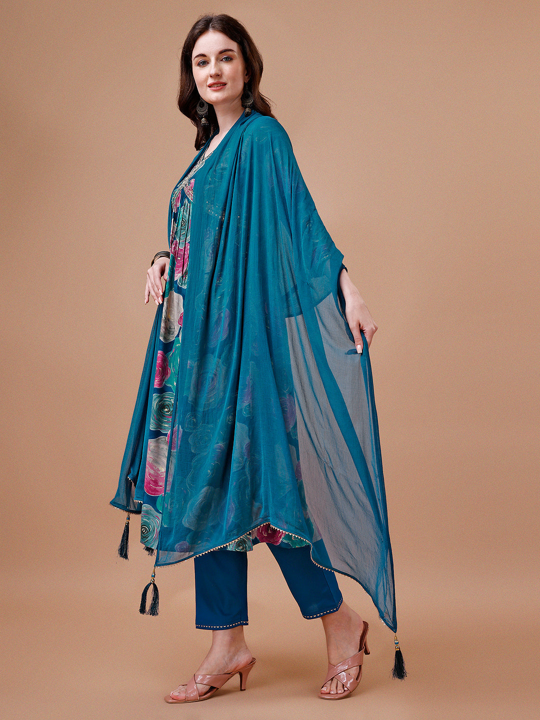 Alia Cut Floral Printed & Embroidered Rayon Kurta With Pant & Dupatta, Multicolor - Hiral Fashion | Grocsy