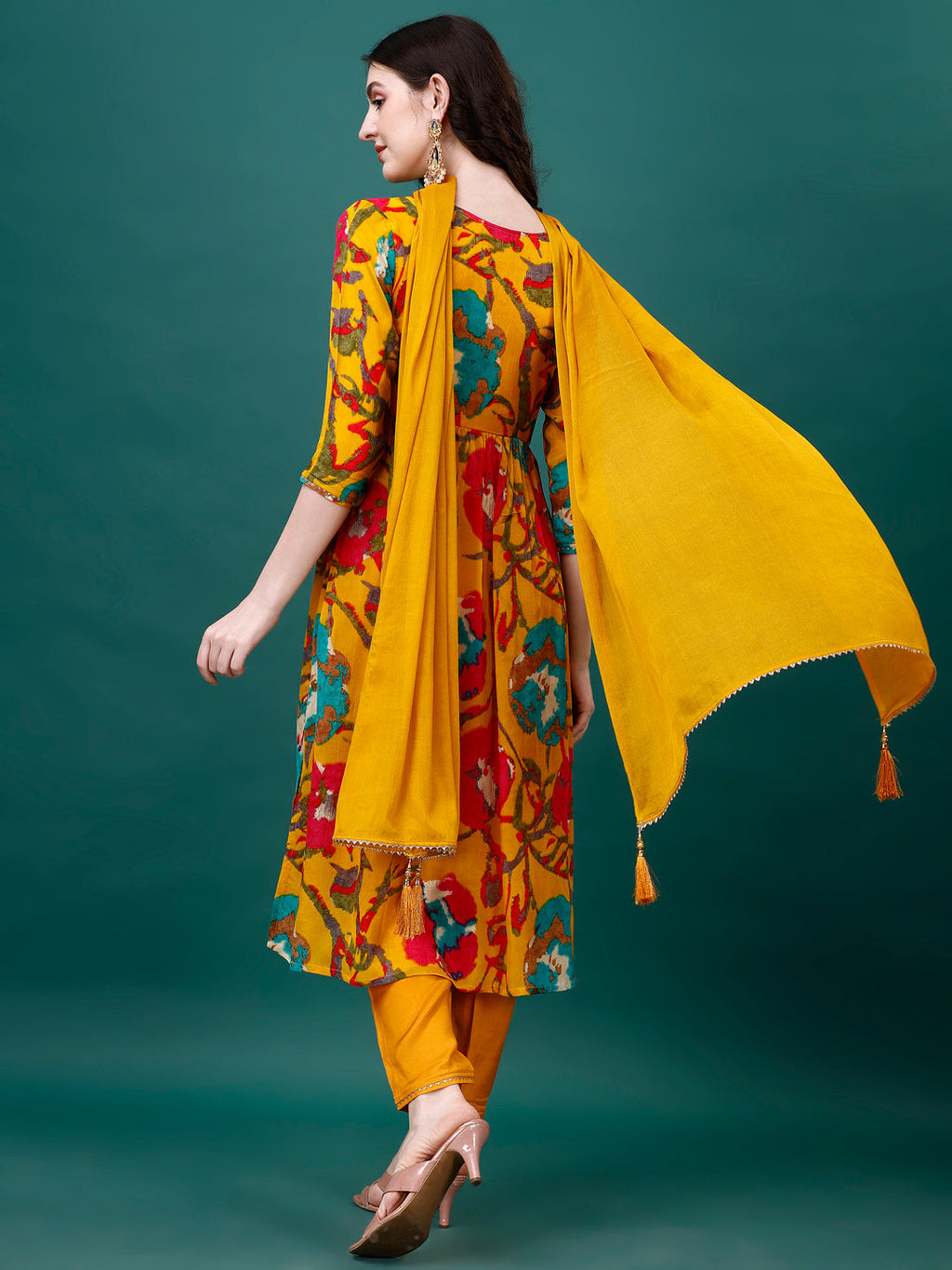 Alia Cut Hand Embroidered & Printed Pure Chinon Kurta With Pant & Dupatta, Multicolor - Hiral Fashion | Grocsy
