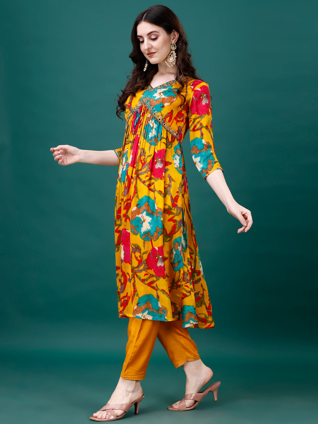 Alia Cut Hand Embroidered & Printed Pure Chinon Kurta With Pant & Dupatta, Multicolor - Hiral Fashion | Grocsy