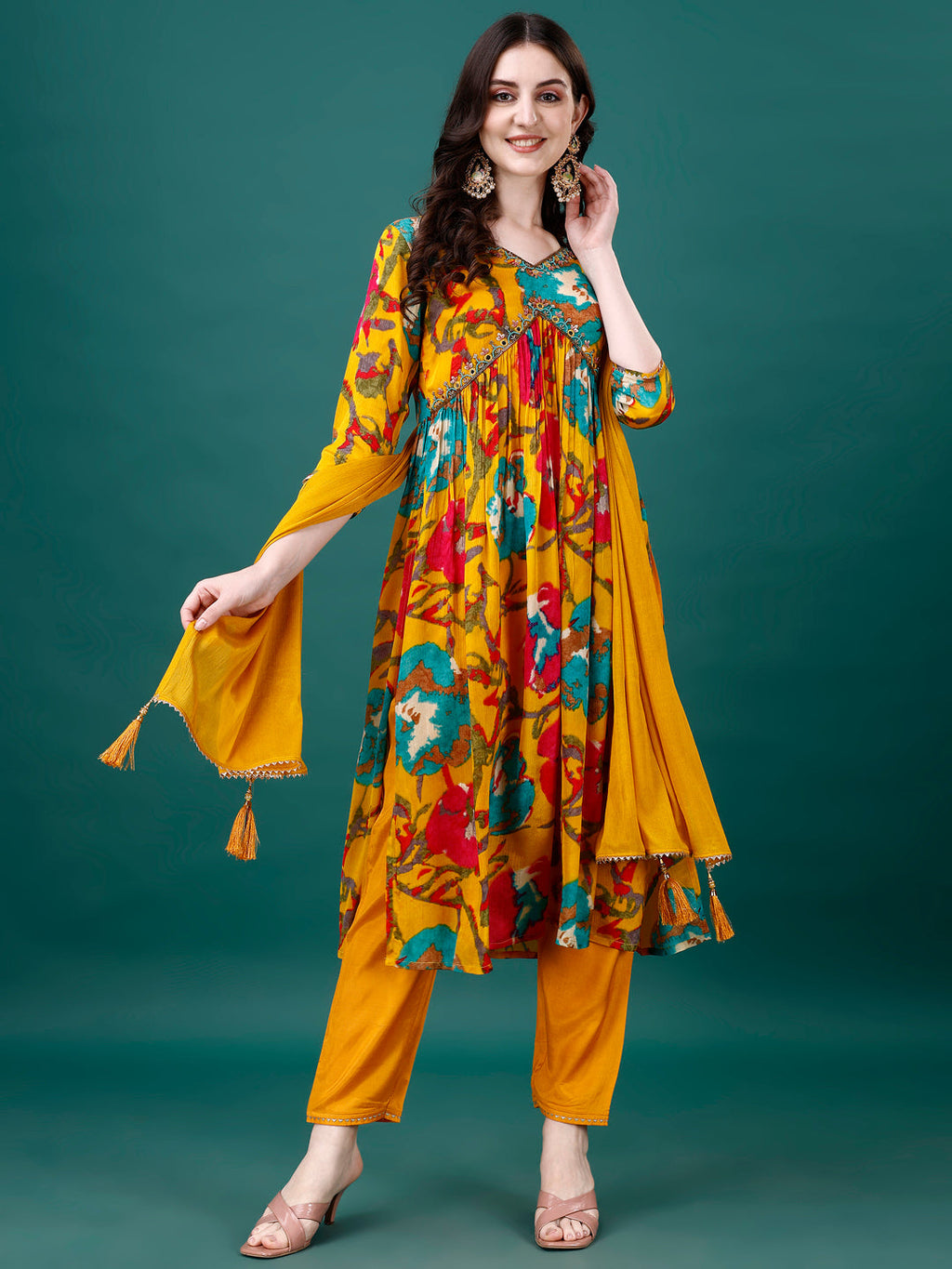 Alia Cut Hand Embroidered & Printed Pure Chinon Kurta With Pant & Dupatta, Multicolor - Hiral Fashion | Grocsy