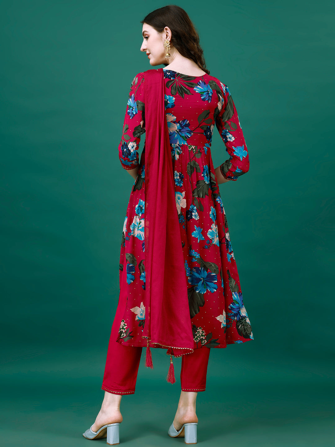 Alia Cut Hand Embroidered & Printed Pure Chinon Kurta With Pant & Dupatta, Multicolor - Hiral Fashion | Grocsy