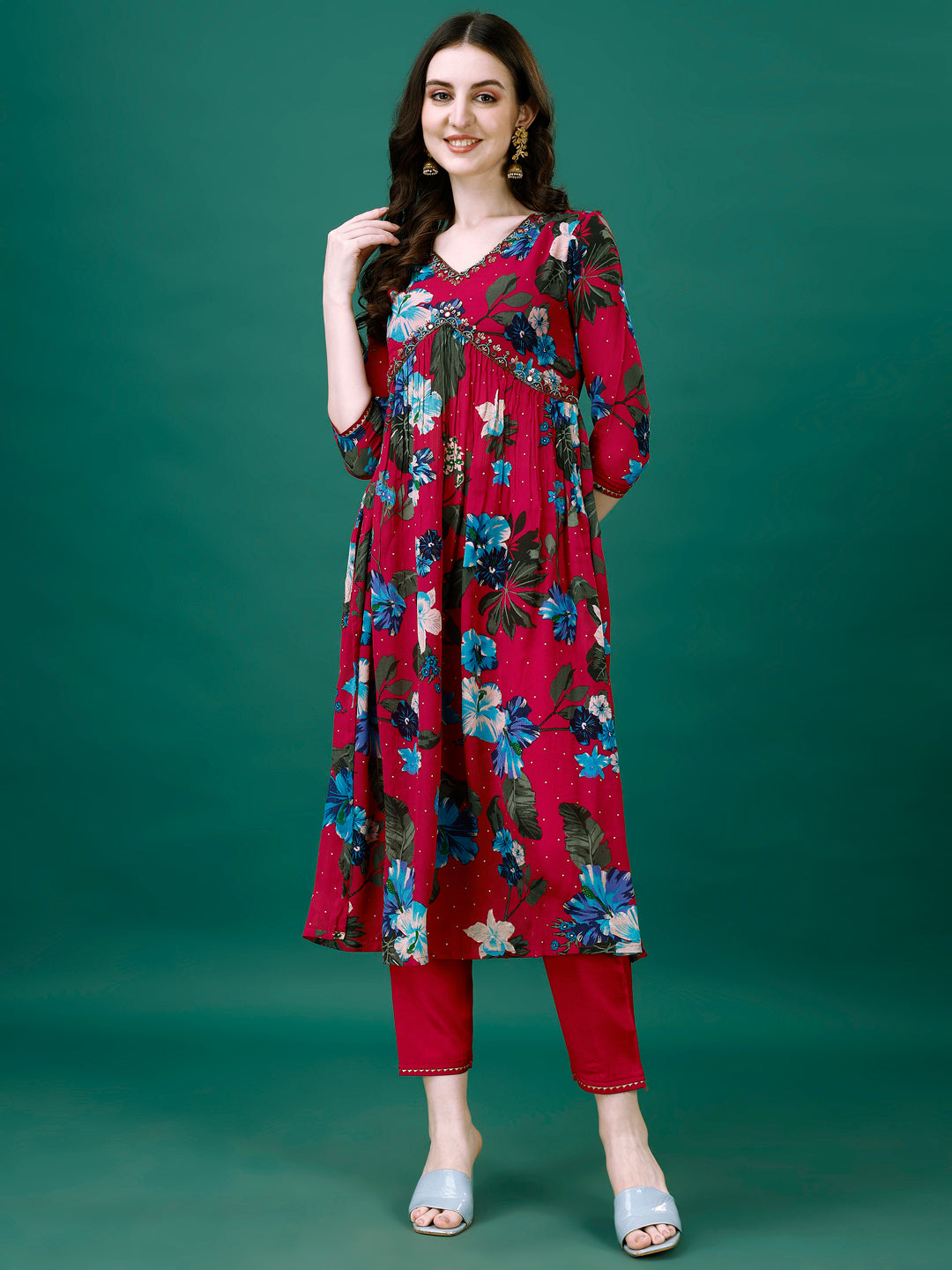 Alia Cut Hand Embroidered & Printed Pure Chinon Kurta With Pant & Dupatta, Multicolor - Hiral Fashion | Grocsy