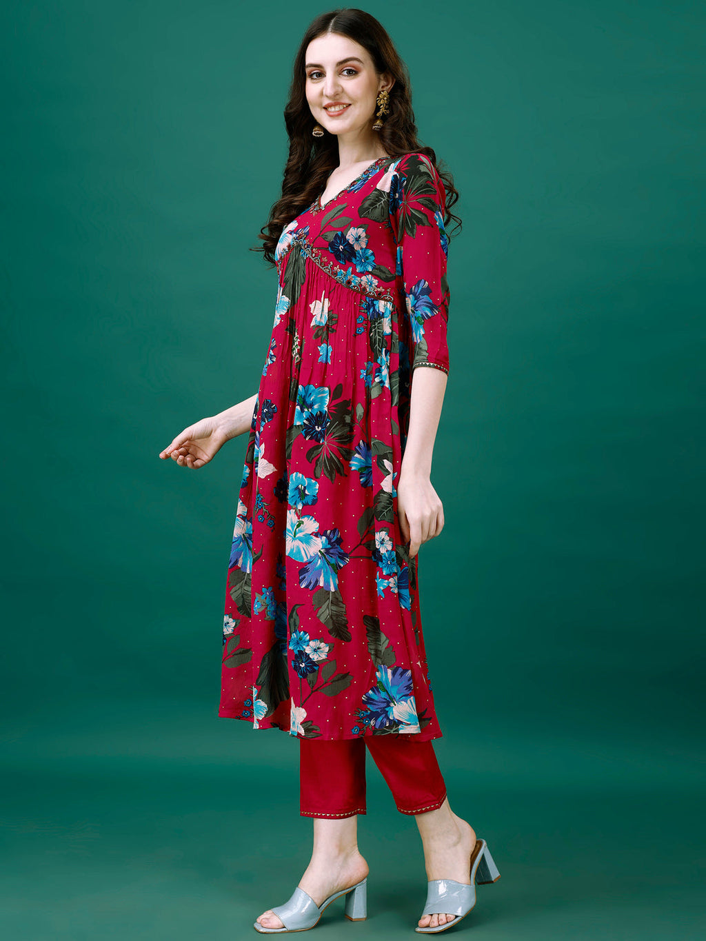 Alia Cut Hand Embroidered & Printed Pure Chinon Kurta With Pant & Dupatta, Multicolor - Hiral Fashion | Grocsy