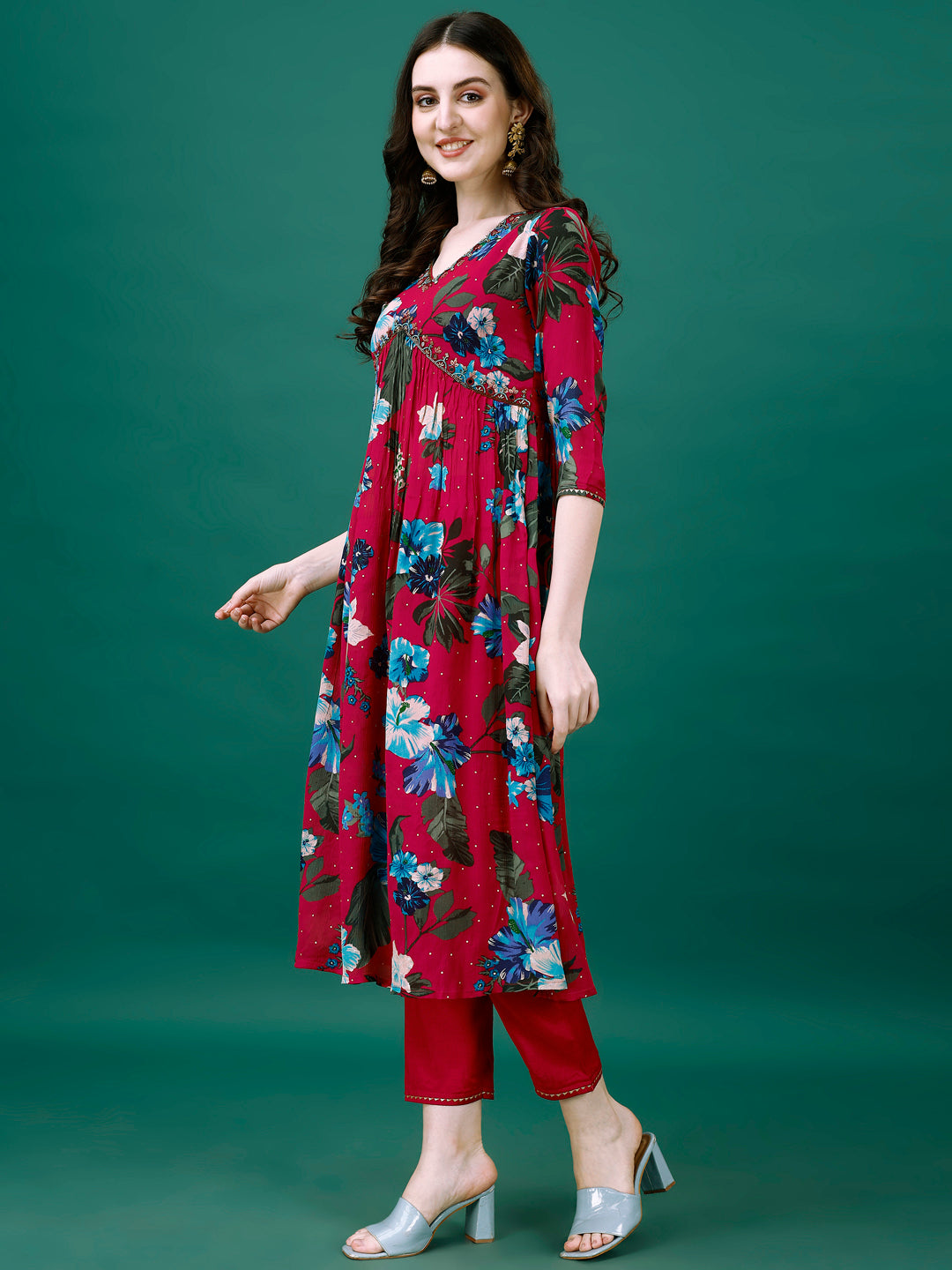 Alia Cut Hand Embroidered & Printed Pure Chinon Kurta With Pant & Dupatta, Multicolor - Hiral Fashion | Grocsy