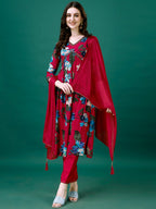 Alia Cut Hand Embroidered & Printed Pure Chinon Kurta With Pant & Dupatta, Multicolor - Hiral Fashion | Grocsy