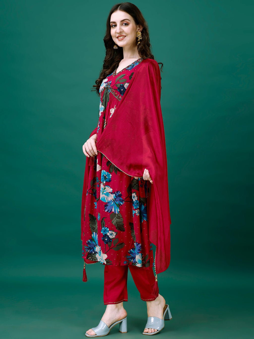 Alia Cut Hand Embroidered & Printed Pure Chinon Kurta With Pant & Dupatta, Multicolor - Hiral Fashion | Grocsy