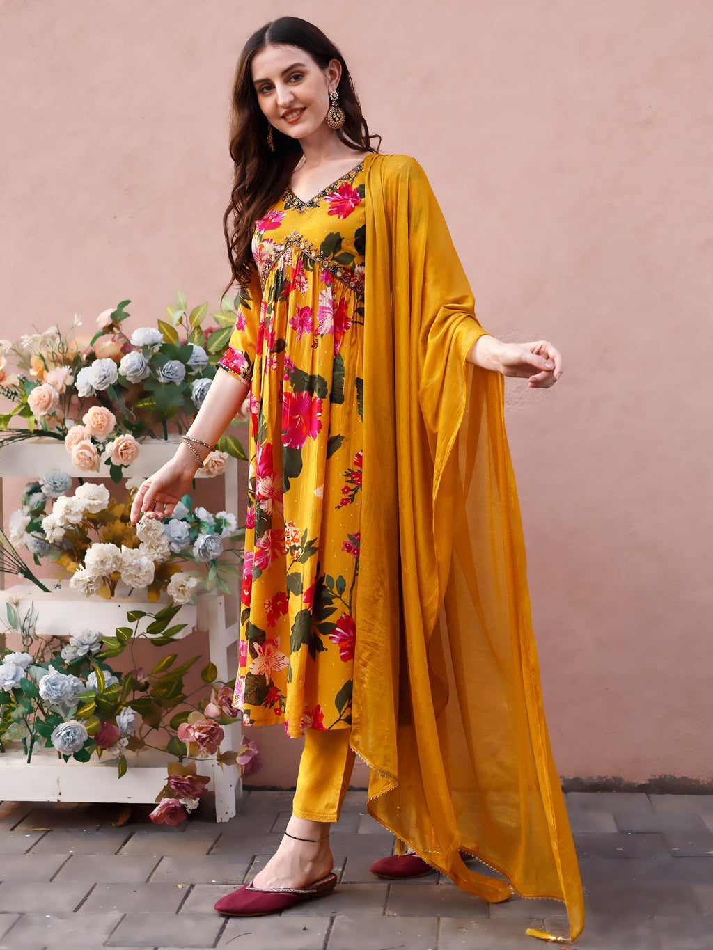 Alia Cut Hand Embroidered & Floral Printed Kurta With Pant & Dupatta Premium, Multicolor - Hiral Fashion | Grocsy