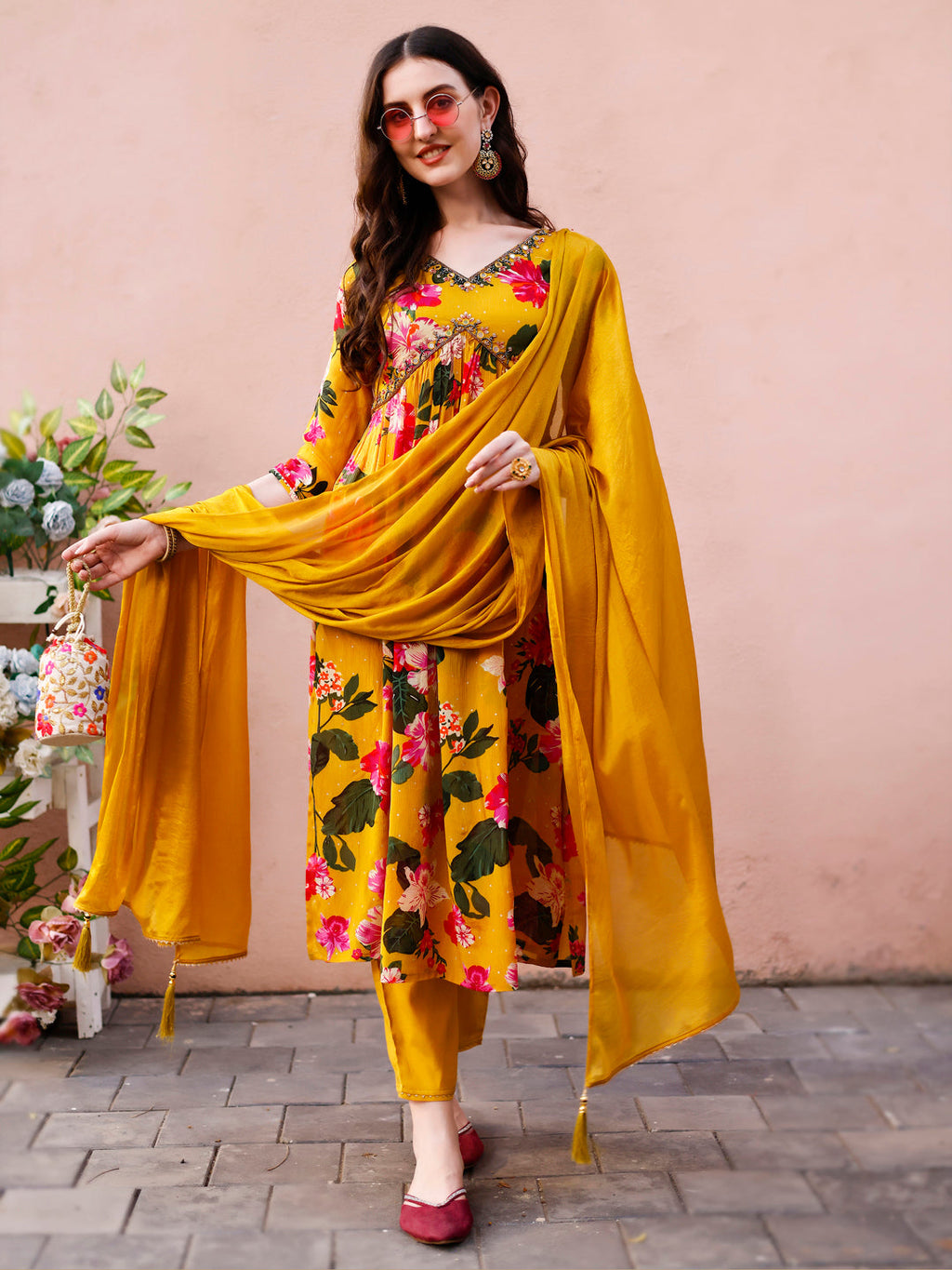 Alia Cut Hand Embroidered & Floral Printed Kurta With Pant & Dupatta Premium, Multicolor - Hiral Fashion | Grocsy