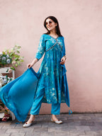 Alia Cut Hand Embroidered & Floral Printed Kurta With Pant & Dupatta Premium, Multicolor - Hiral Fashion | Grocsy