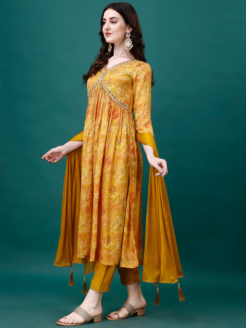Alia Cut Hand Embroidered & Printed Pure Chinon Kurta With Pant & Dupatta, Multicolor - Hiral Fashion | Grocsy