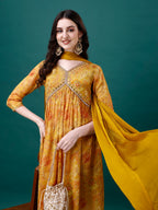 Alia Cut Hand Embroidered & Printed Pure Chinon Kurta With Pant & Dupatta, Multicolor - Hiral Fashion | Grocsy