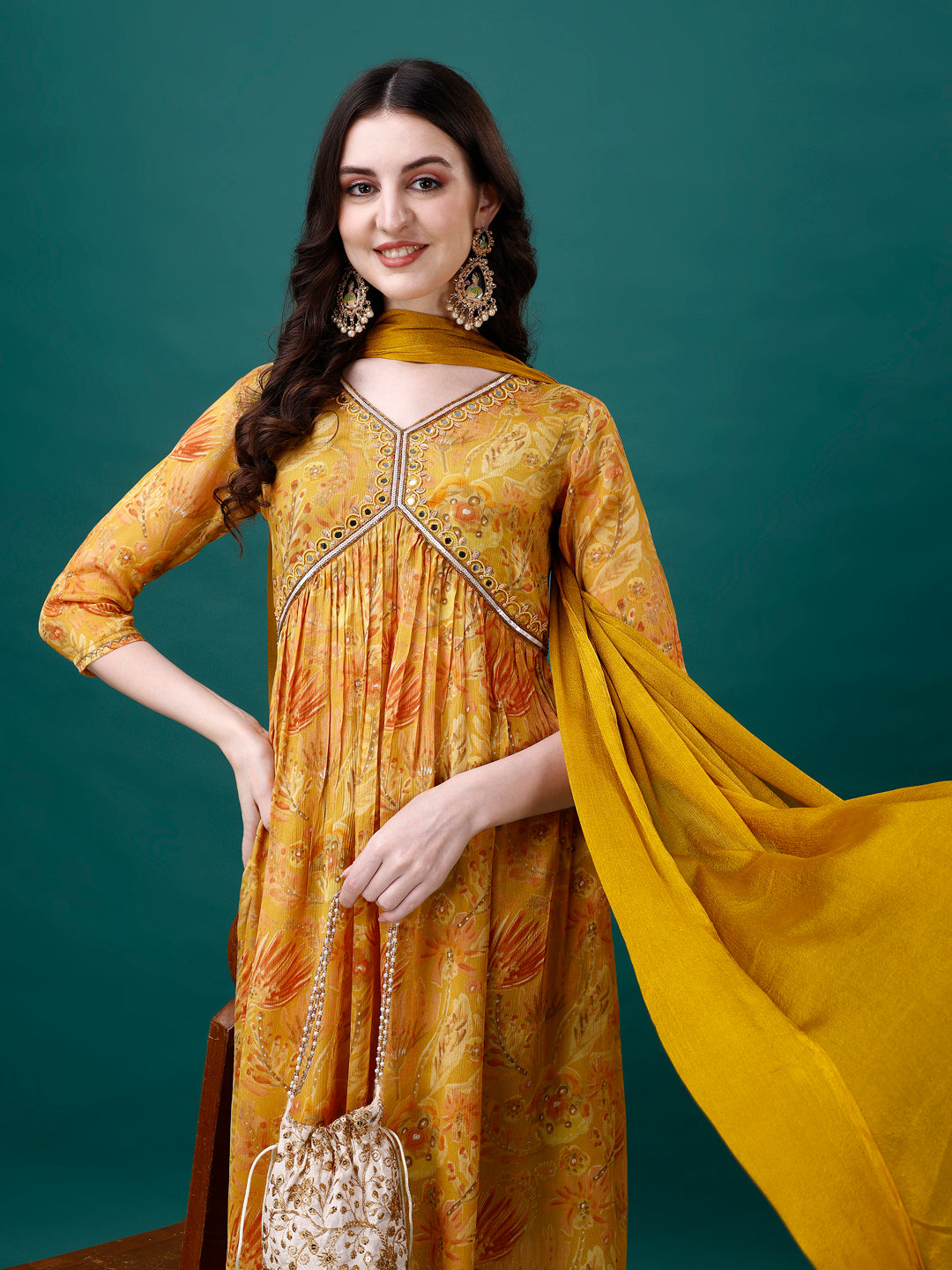 Alia Cut Hand Embroidered & Printed Pure Chinon Kurta With Pant & Dupatta, Multicolor - Hiral Fashion | Grocsy