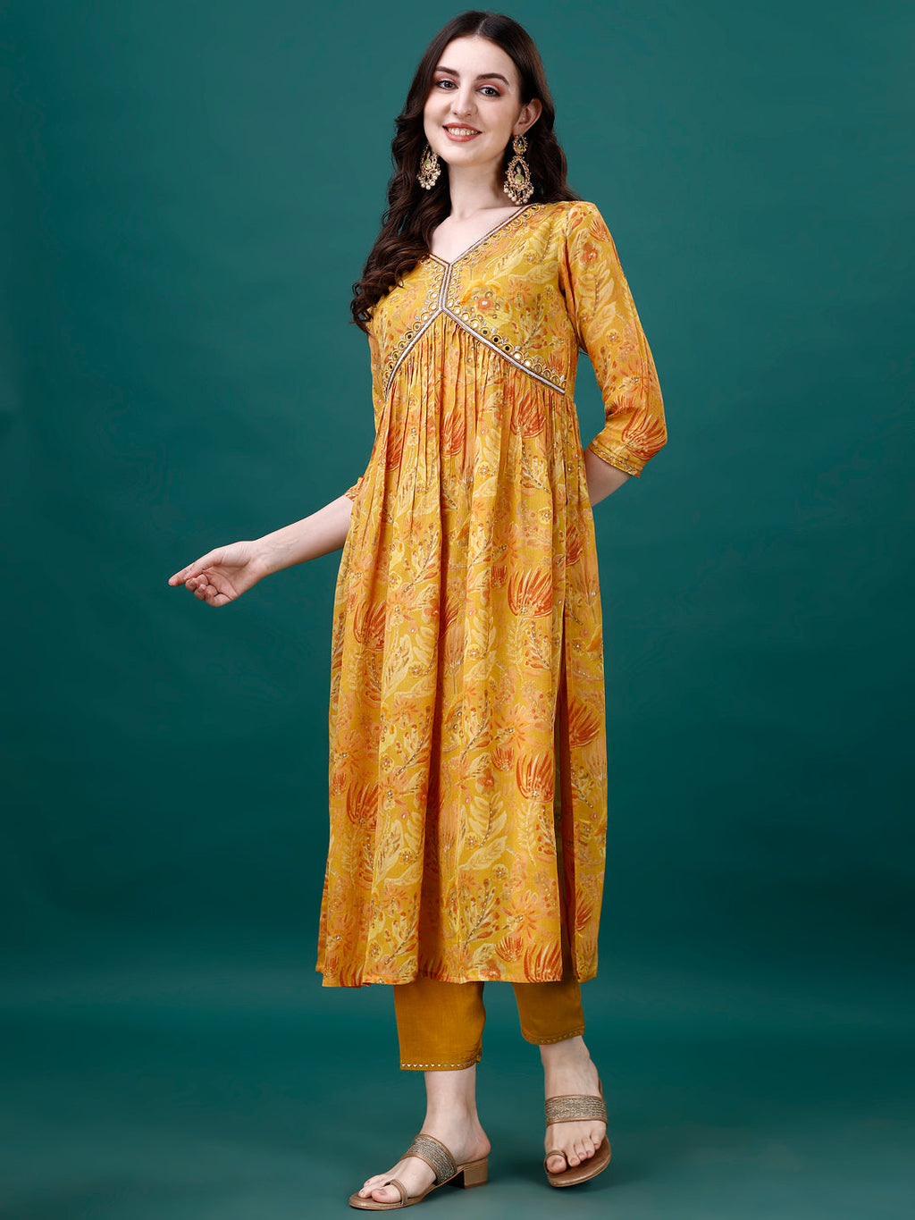Alia Cut Hand Embroidered & Printed Pure Chinon Kurta With Pant & Dupatta, Multicolor - Hiral Fashion | Grocsy