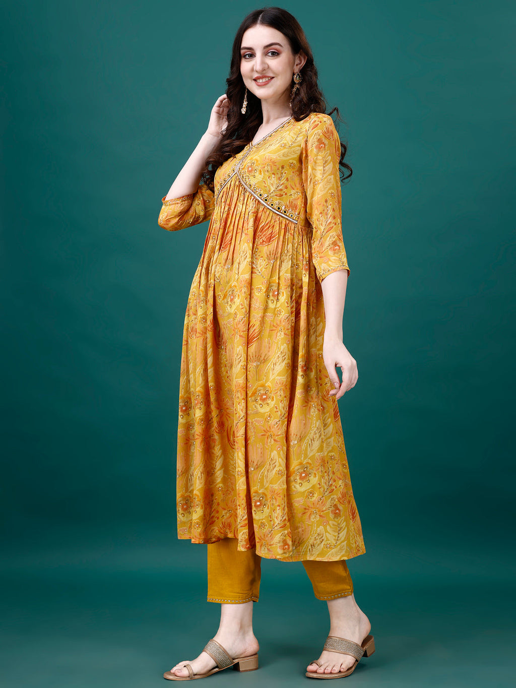 Alia Cut Hand Embroidered & Printed Pure Chinon Kurta With Pant & Dupatta, Multicolor - Hiral Fashion | Grocsy