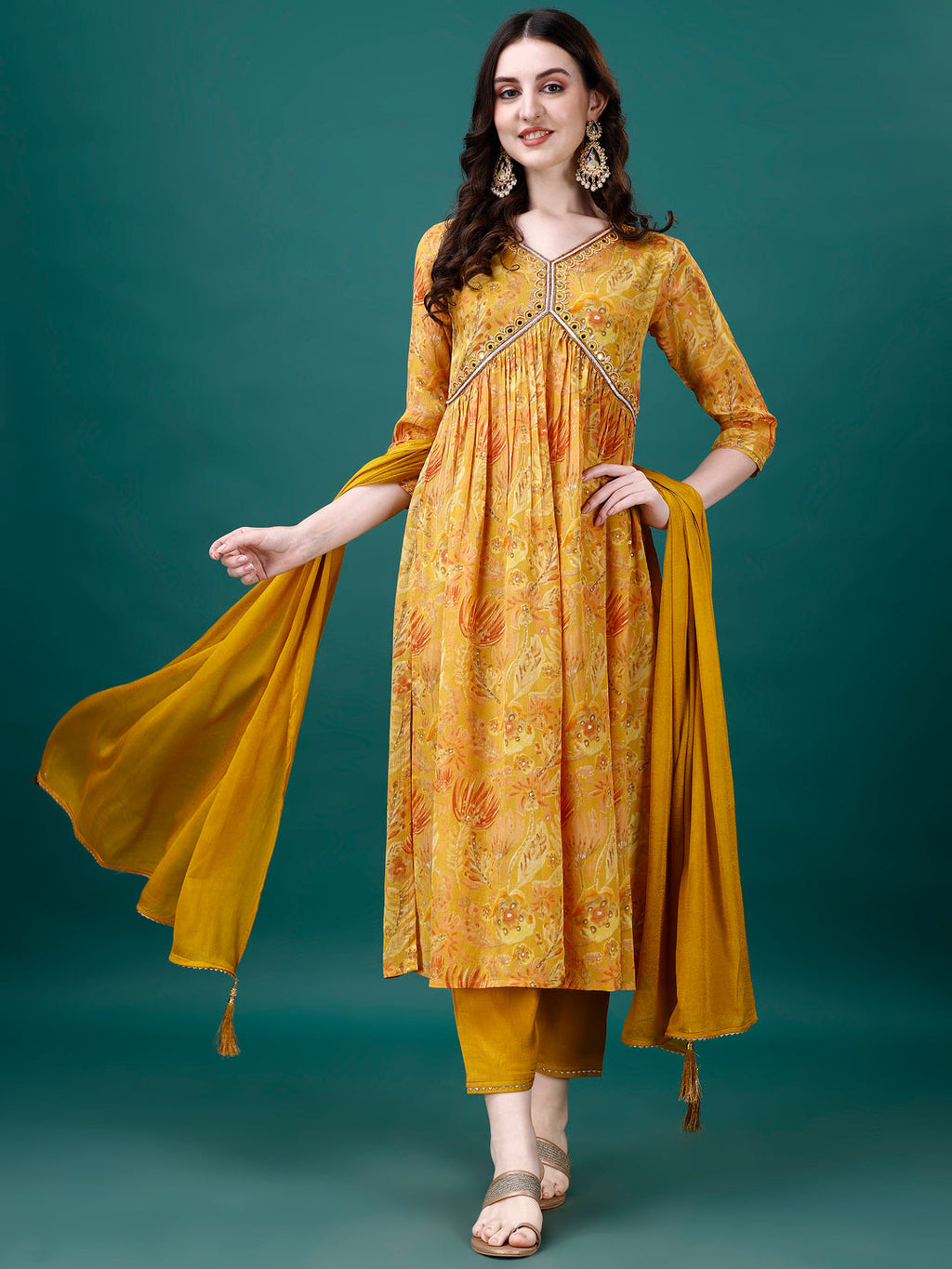 Alia Cut Hand Embroidered & Printed Pure Chinon Kurta With Pant & Dupatta, Multicolor - Hiral Fashion | Grocsy