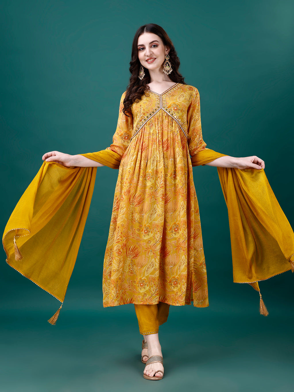 Alia Cut Hand Embroidered & Printed Pure Chinon Kurta With Pant & Dupatta, Multicolor - Hiral Fashion | Grocsy