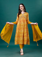 Alia Cut Hand Embroidered & Printed Pure Chinon Kurta With Pant & Dupatta, Multicolor - Hiral Fashion | Grocsy