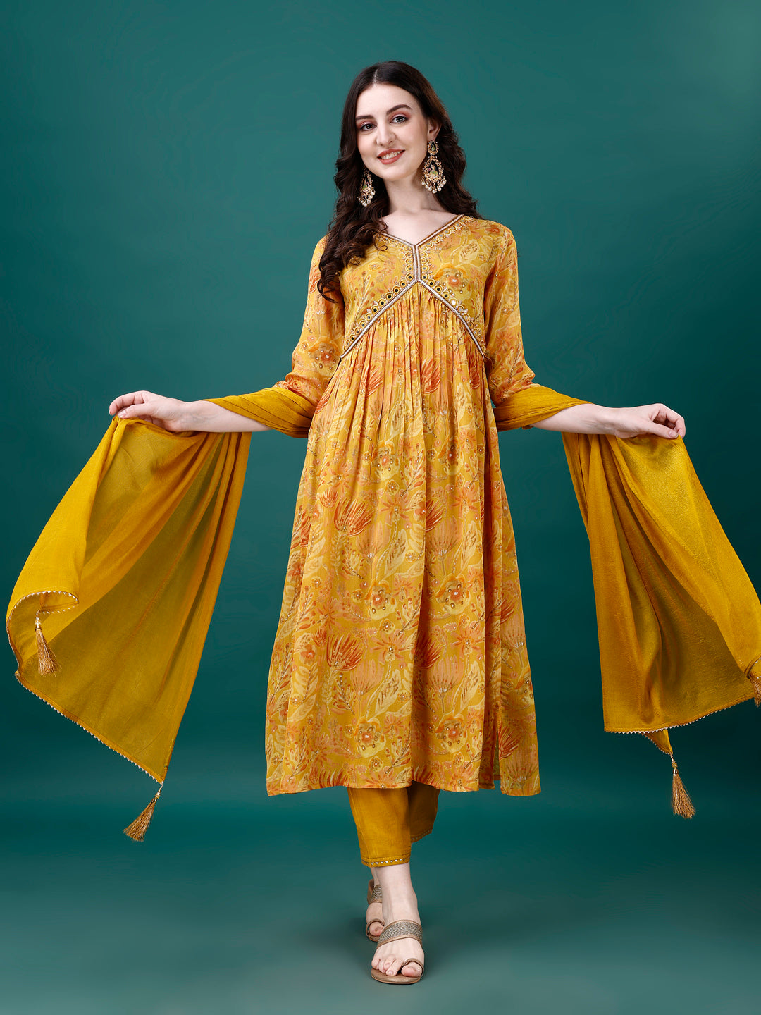 Alia Cut Hand Embroidered & Printed Pure Chinon Kurta With Pant & Dupatta, Multicolor - Hiral Fashion | Grocsy