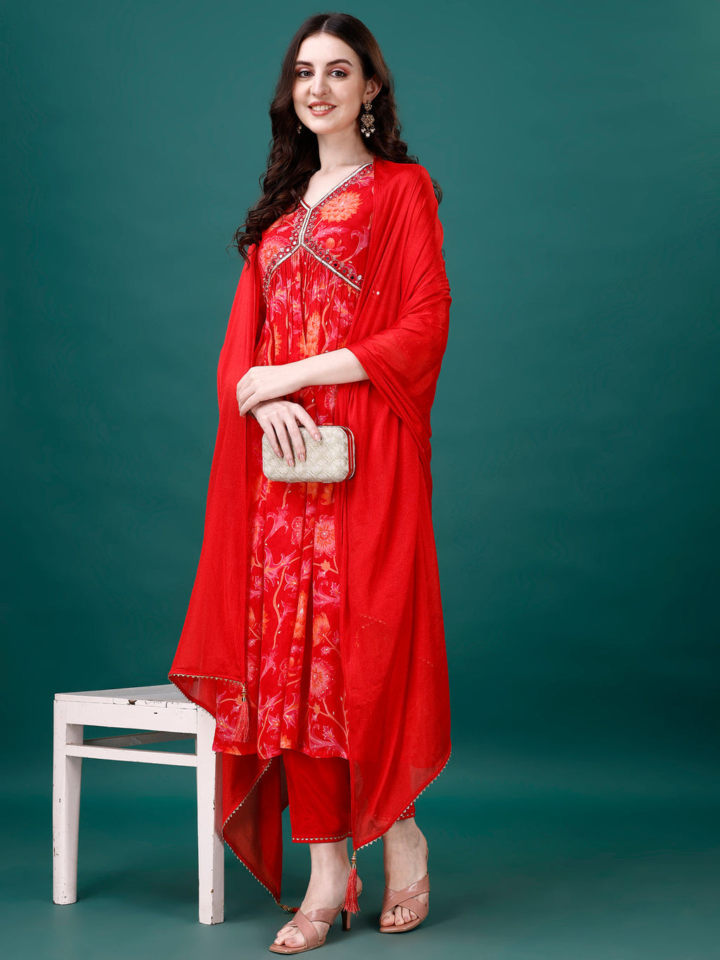 Alia Cut Hand Embroidered & Printed Pure Chinon Kurta With Pant & Dupatta, Multicolor - Hiral Fashion | Grocsy