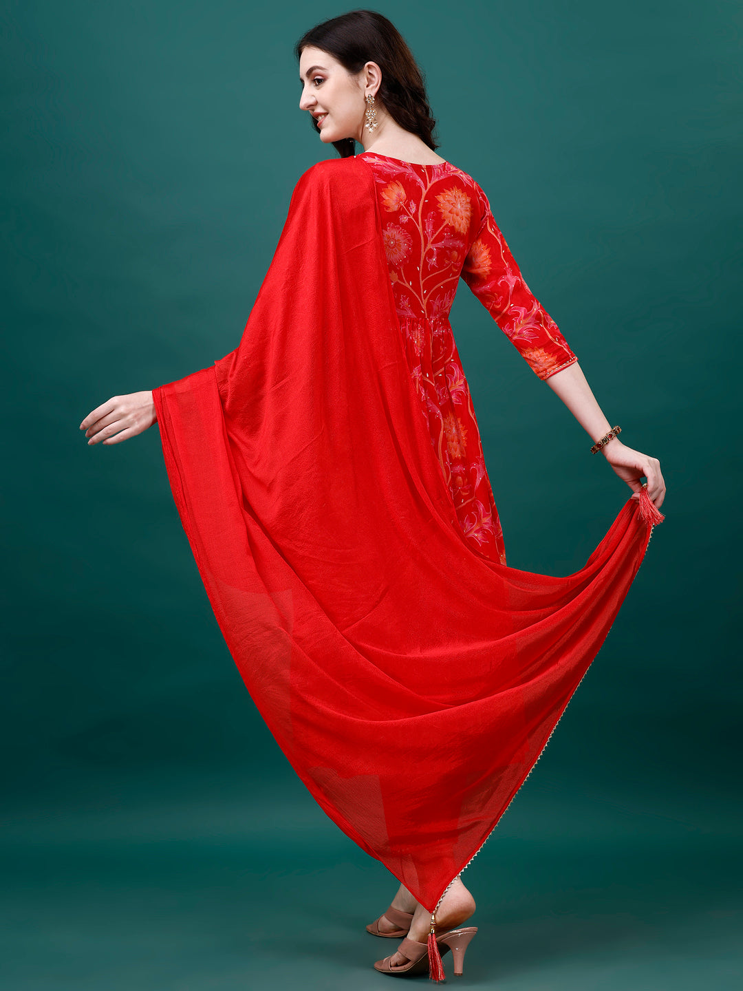 Alia Cut Hand Embroidered & Printed Pure Chinon Kurta With Pant & Dupatta, Multicolor - Hiral Fashion | Grocsy