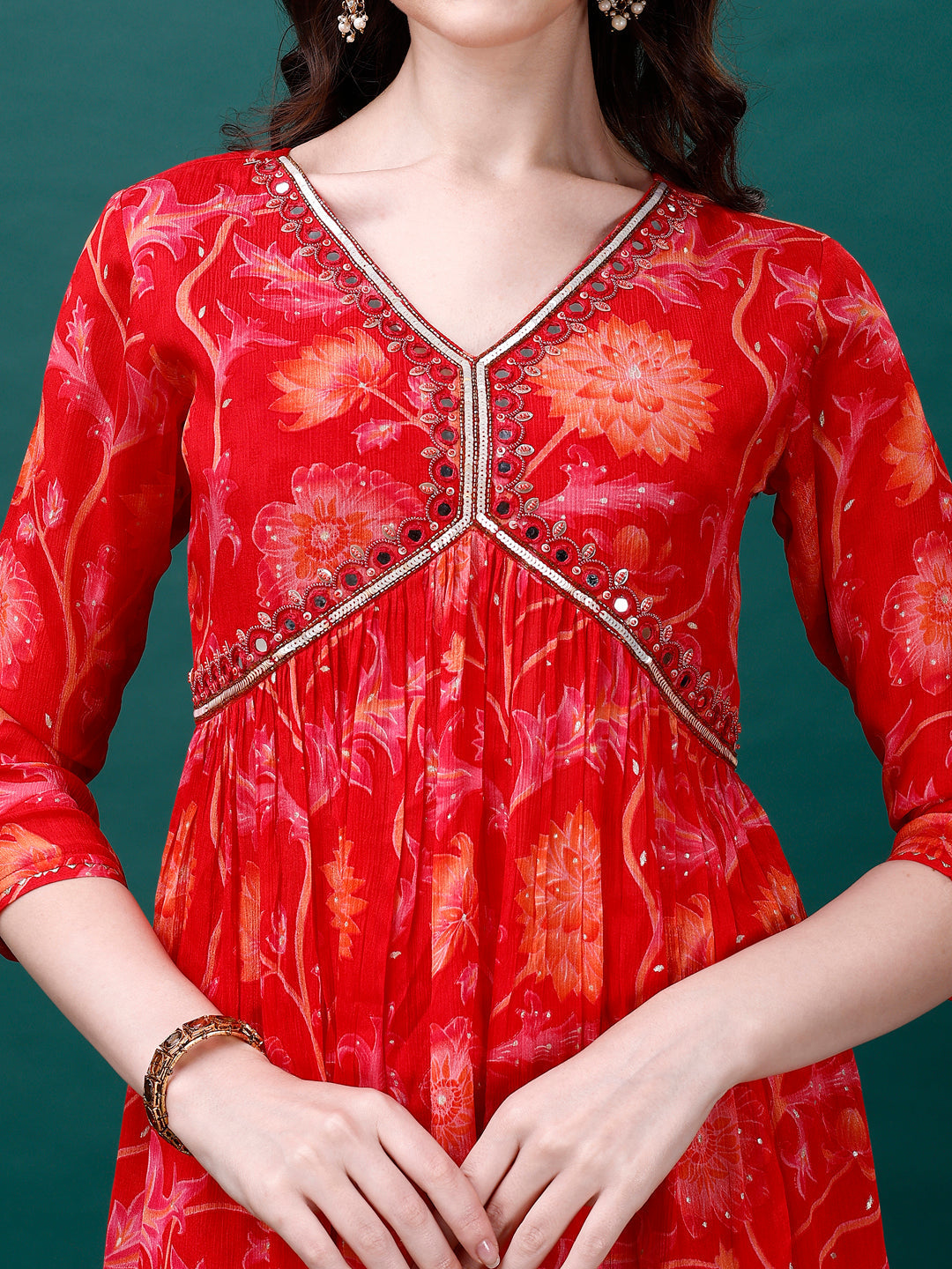 Alia Cut Hand Embroidered & Printed Pure Chinon Kurta With Pant & Dupatta, Multicolor - Hiral Fashion | Grocsy