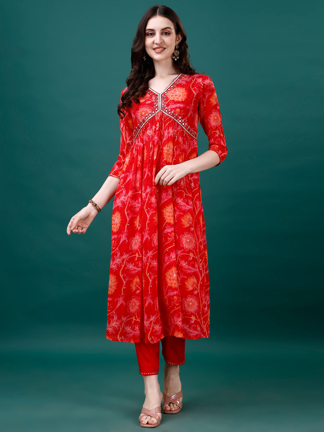 Alia Cut Hand Embroidered & Printed Pure Chinon Kurta With Pant & Dupatta, Multicolor - Hiral Fashion | Grocsy