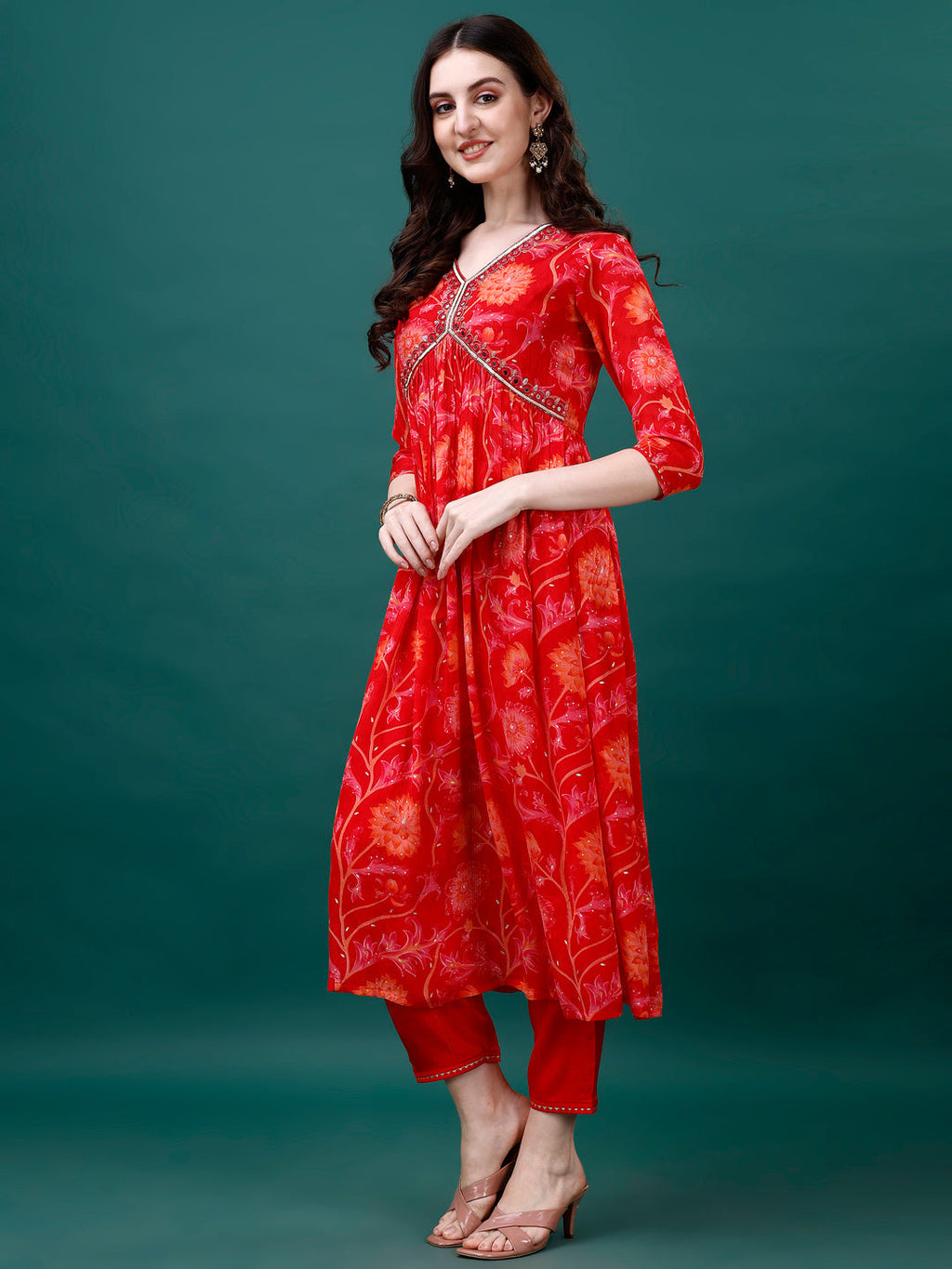 Alia Cut Hand Embroidered & Printed Pure Chinon Kurta With Pant & Dupatta, Multicolor - Hiral Fashion | Grocsy