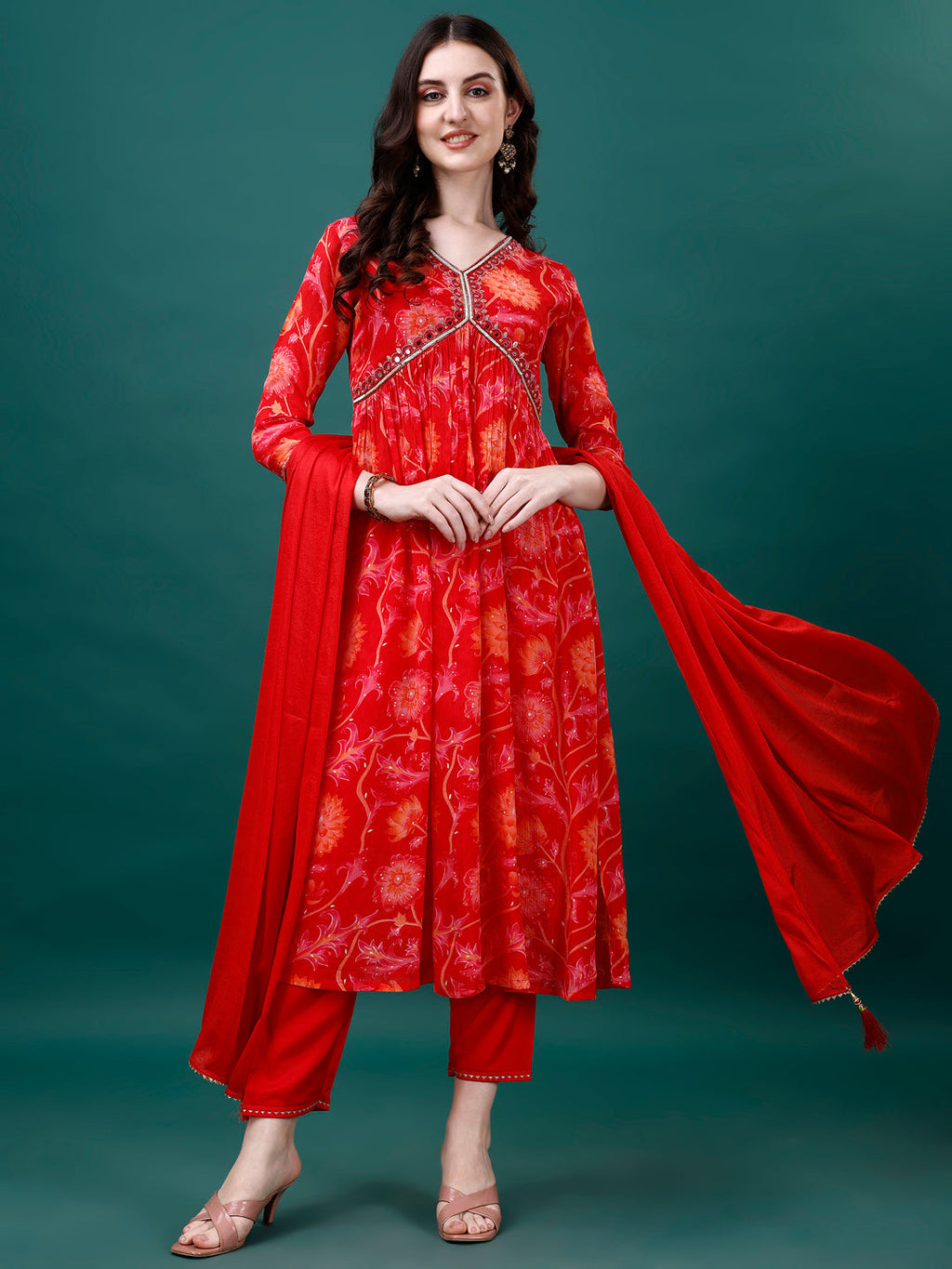 Alia Cut Hand Embroidered & Printed Pure Chinon Kurta With Pant & Dupatta, Multicolor - Hiral Fashion | Grocsy