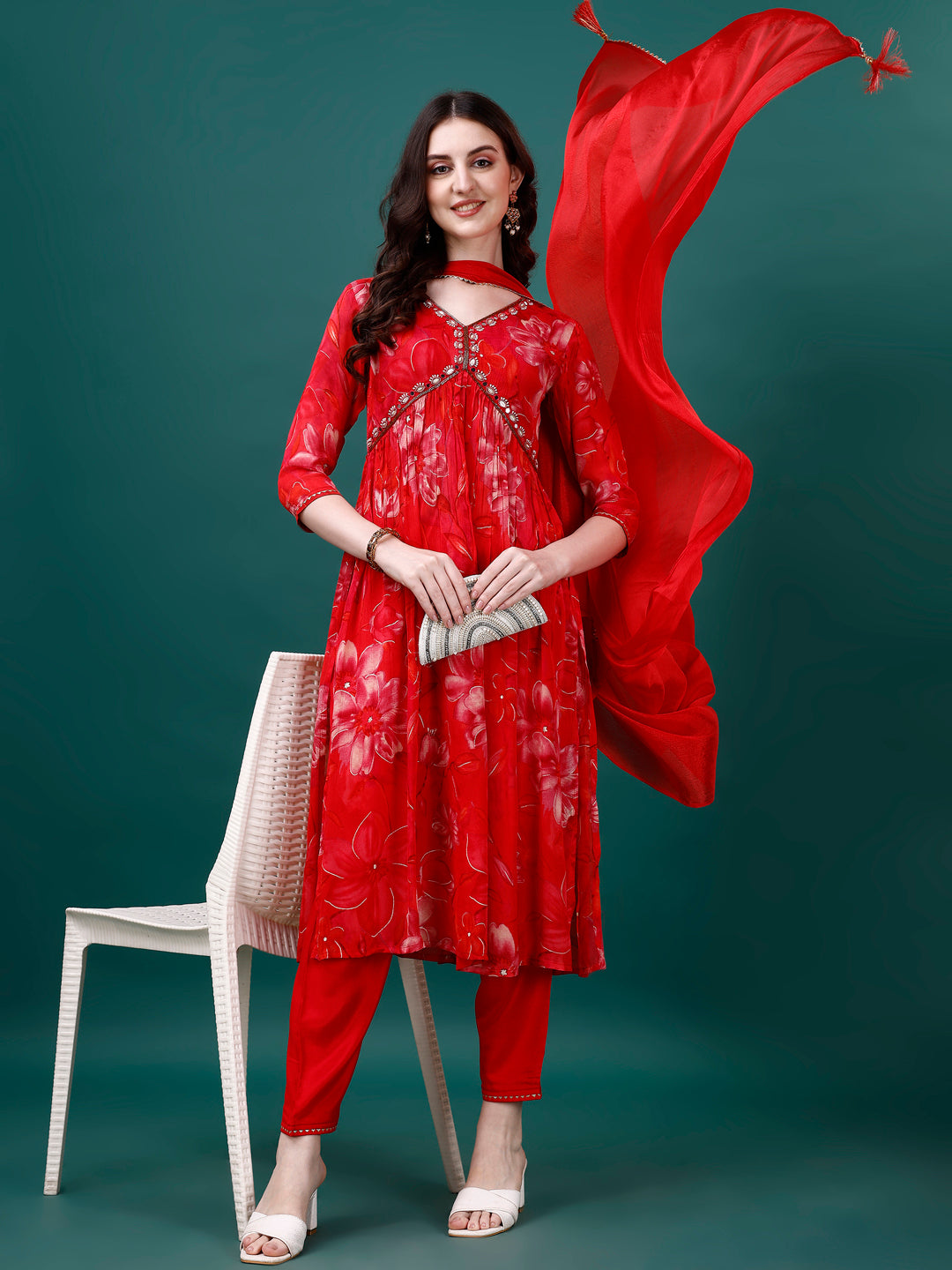 Alia Cut Hand Embroidered & Printed Pure Chinon Kurat With Pant & Dupatta, Multicolor - Hiral Fashion | Grocsy