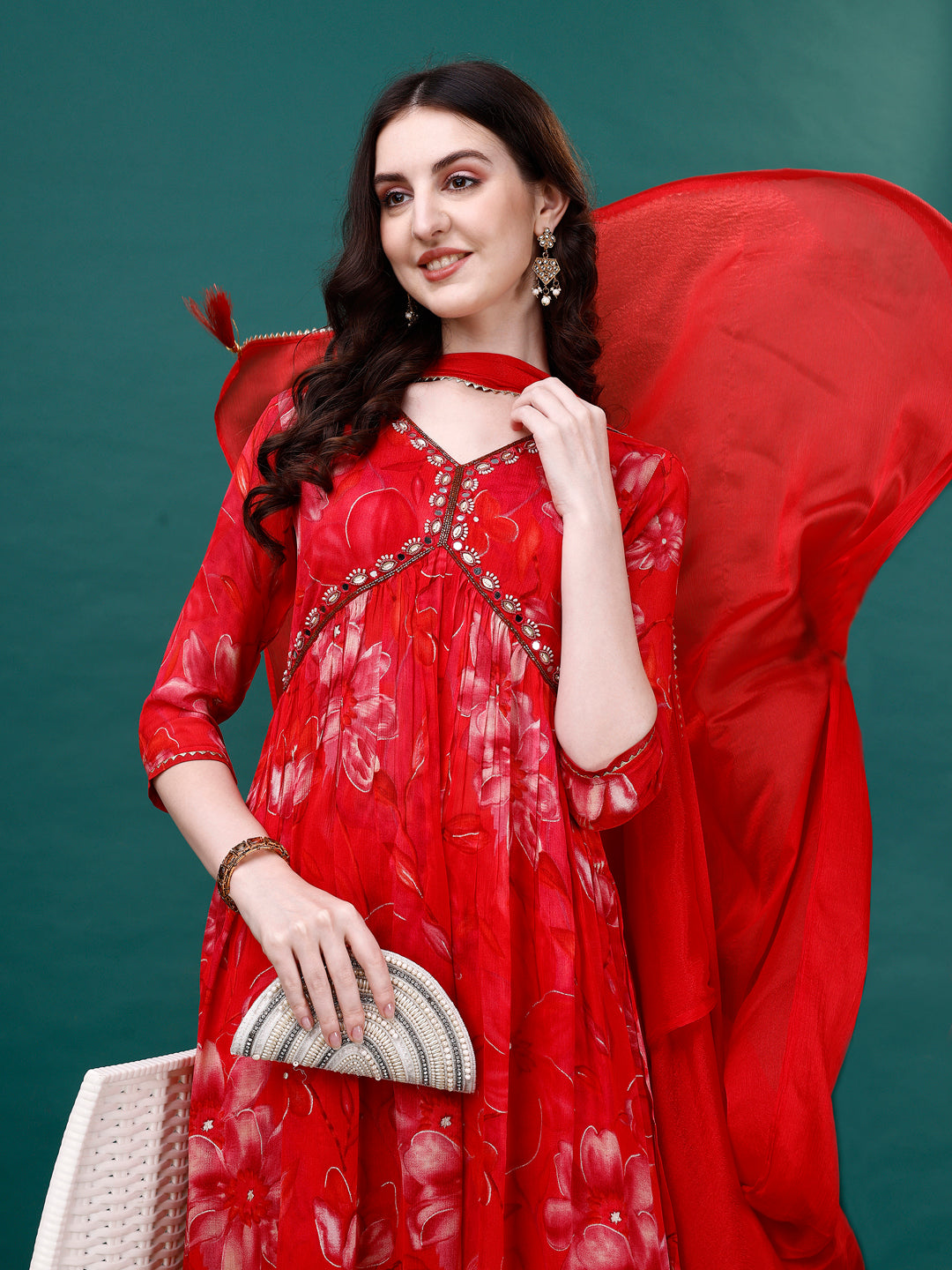 Alia Cut Hand Embroidered & Printed Pure Chinon Kurat With Pant & Dupatta, Multicolor - Hiral Fashion | Grocsy