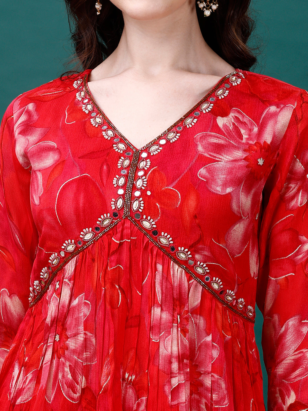 Alia Cut Hand Embroidered & Printed Pure Chinon Kurat With Pant & Dupatta, Multicolor - Hiral Fashion | Grocsy