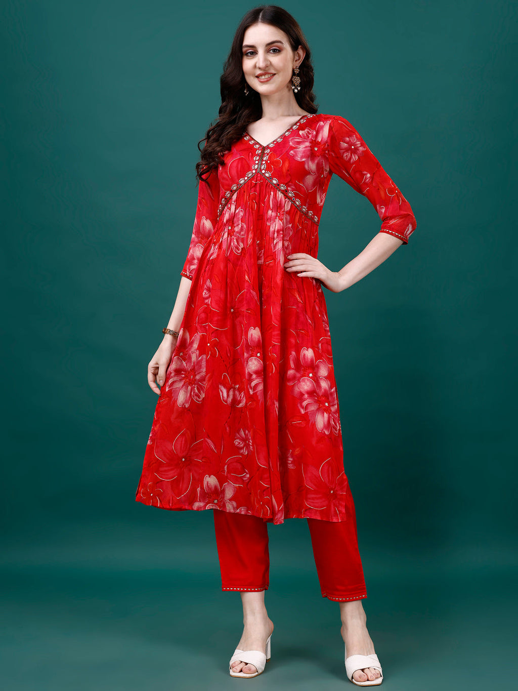 Alia Cut Hand Embroidered & Printed Pure Chinon Kurat With Pant & Dupatta, Multicolor - Hiral Fashion | Grocsy