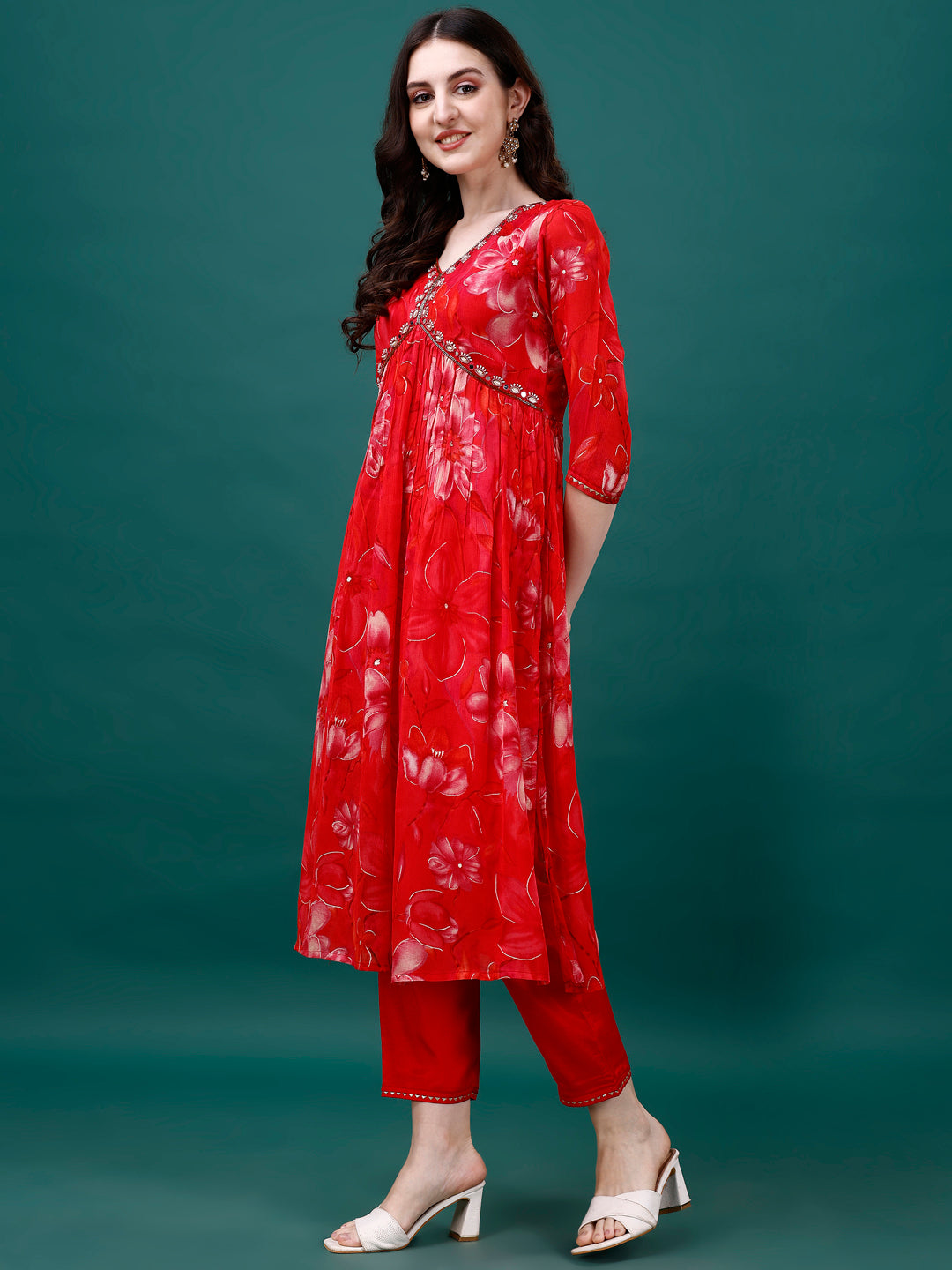 Alia Cut Hand Embroidered & Printed Pure Chinon Kurat With Pant & Dupatta, Multicolor - Hiral Fashion | Grocsy