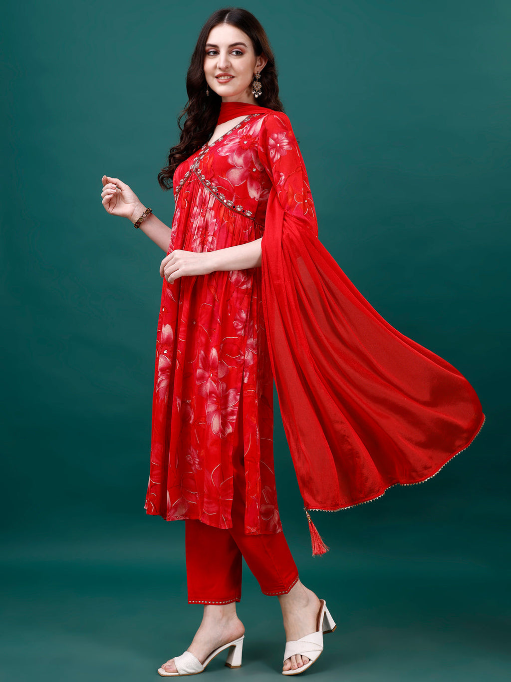 Alia Cut Hand Embroidered & Printed Pure Chinon Kurat With Pant & Dupatta, Multicolor - Hiral Fashion | Grocsy