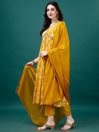 Alia Cut Hand Embroidered & Printed Pure Chinon Kurat With Pant & Dupatta, Multicolor - Hiral Fashion | Grocsy