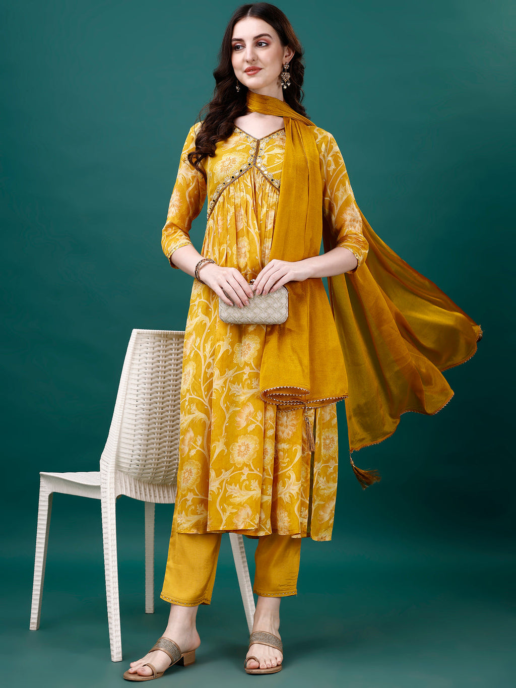 Alia Cut Hand Embroidered & Printed Pure Chinon Kurat With Pant & Dupatta, Multicolor - Hiral Fashion | Grocsy