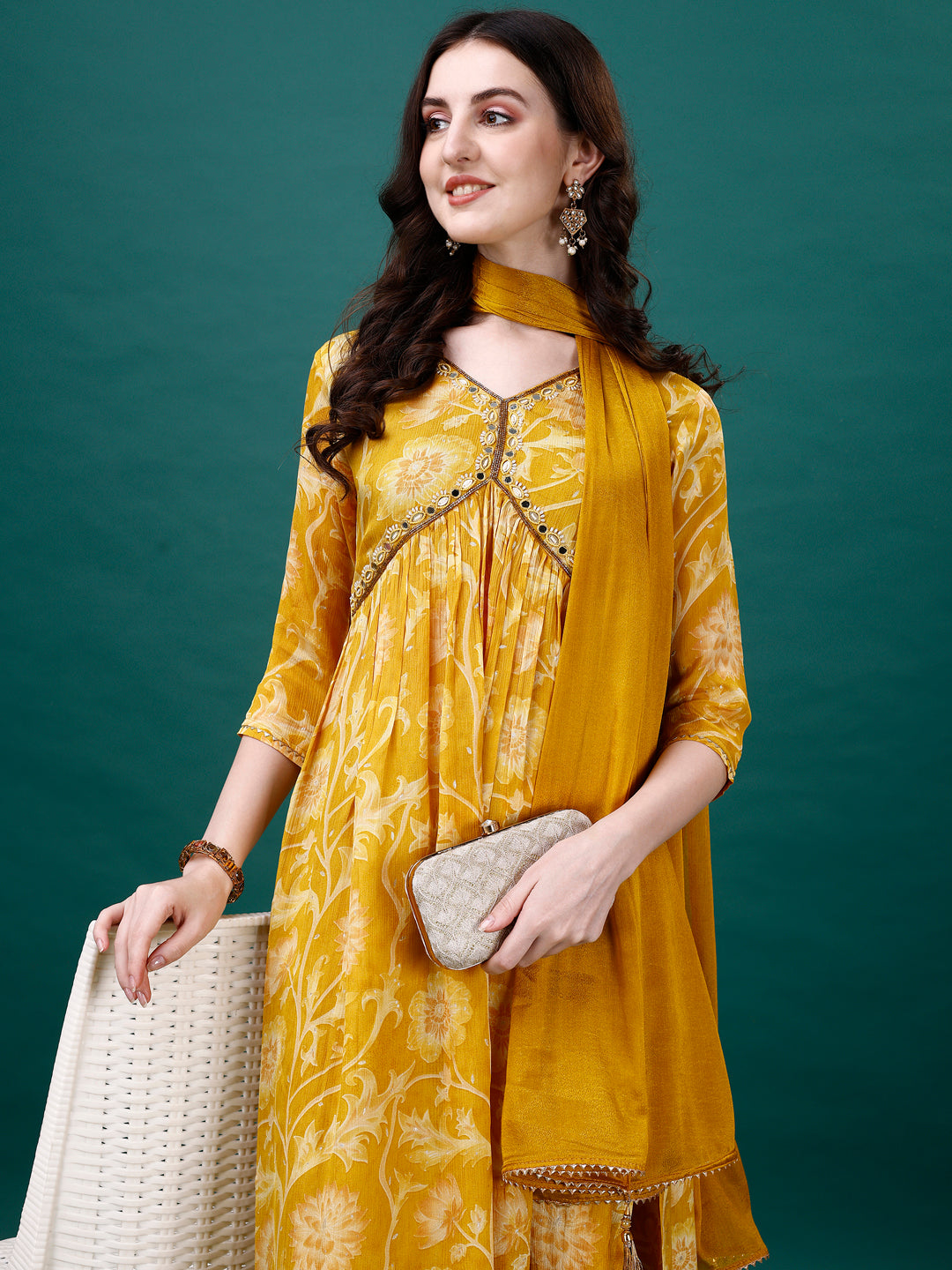 Alia Cut Hand Embroidered & Printed Pure Chinon Kurat With Pant & Dupatta, Multicolor - Hiral Fashion | Grocsy