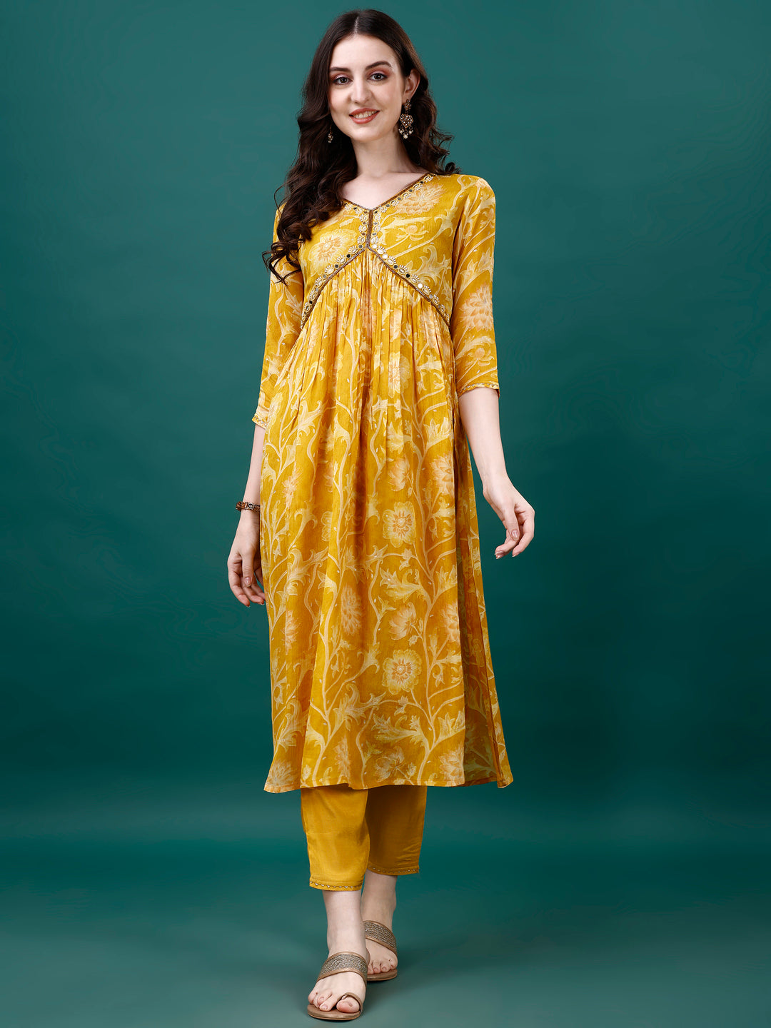 Alia Cut Hand Embroidered & Printed Pure Chinon Kurat With Pant & Dupatta, Multicolor - Hiral Fashion | Grocsy