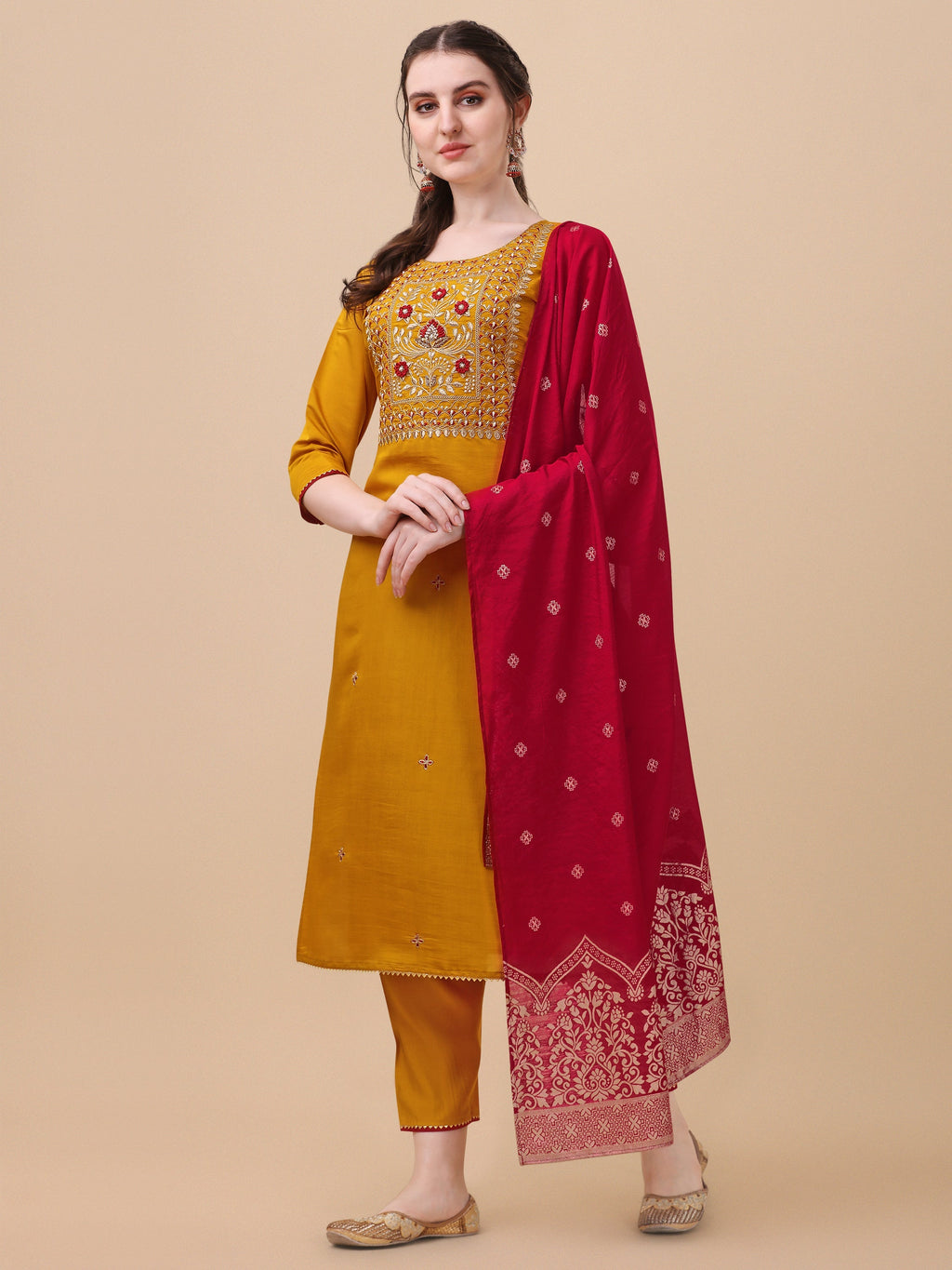 Hand Embroidered Kurta With Pant & Banarasi Dupatta, Multicolor - Hiral Fashion | Grocsy