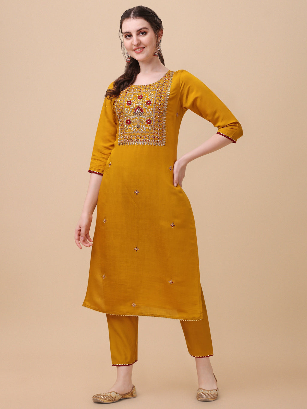 Hand Embroidered Kurta With Pant & Banarasi Dupatta, Multicolor - Hiral Fashion | Grocsy