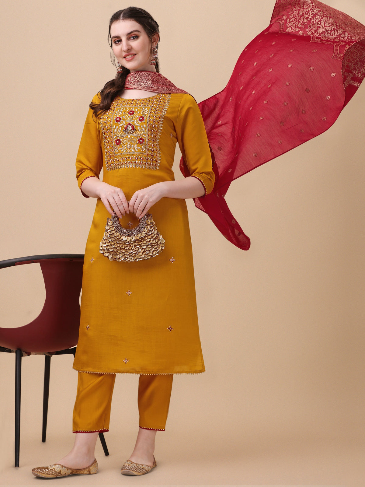 Hand Embroidered Kurta With Pant & Banarasi Dupatta, Multicolor - Hiral Fashion | Grocsy