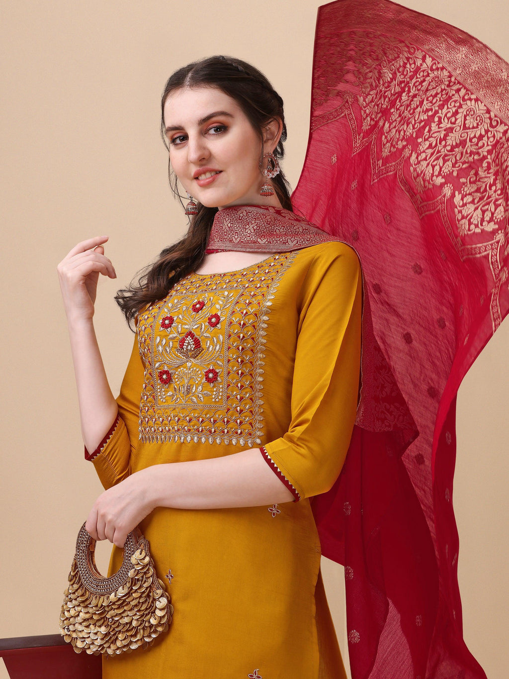 Hand Embroidered Kurta With Pant & Banarasi Dupatta, Multicolor - Hiral Fashion | Grocsy