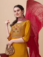 Hand Embroidered Kurta With Pant & Banarasi Dupatta, Multicolor - Hiral Fashion | Grocsy